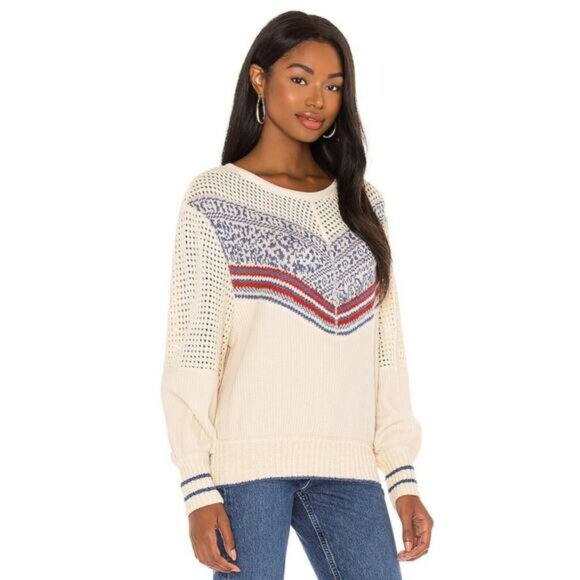 Free People Size M Geo Party Sweater Pullover Waffle Knit Ivory Blue Orange - Picture 2 of 11